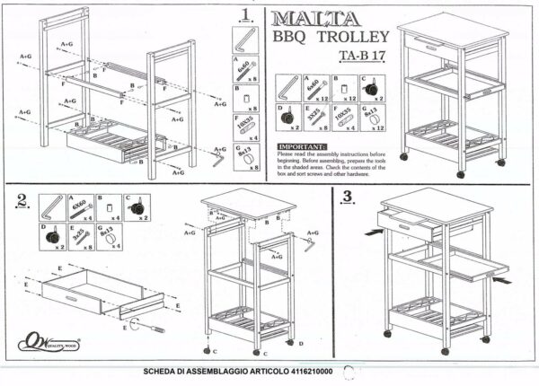 Carrello da cucina in legno 2 piani + 1 cassetto