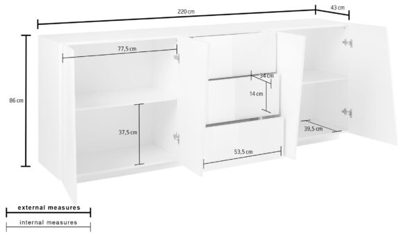 Credenza Vega 220 – 4 ante/3 cassetti – Bianco Lucido