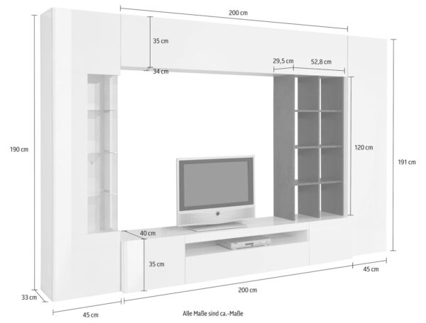 Parete soggiorno Egypt – 290x191x40cm – Bianco Lucido e Report