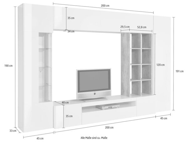 Parete soggiorno Egypt – 290x191x40cm – Bianco Lucido e Cemento