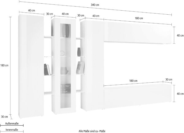 Parete soggiorno Maruska – 380x180x30 – Bianco Lucido