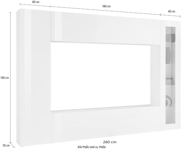 Parete soggiorno Maruska 1 vetrina– 260x180x30 – Bianco Lucido