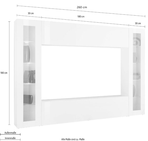 Parete soggiorno Maruska 2 vetrine– 260x180x30 – Bianco Lucido