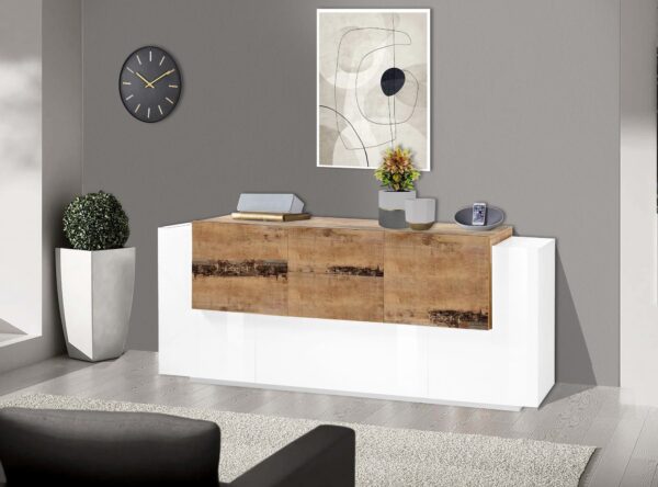 Credenza New Coro 220 – 5 ante + 2 cassetti – Bianco Lucido/Acero Pereira