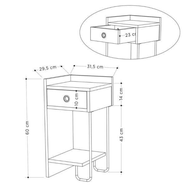 Comodino Sirius bianco con cassetto e gamba in metallo nero sinistro