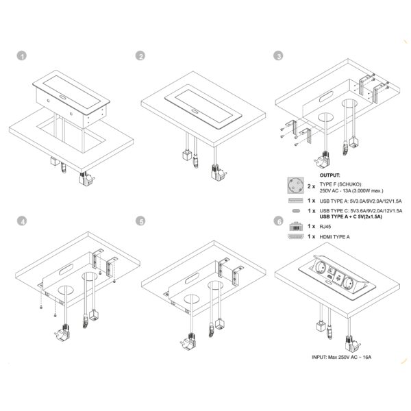 Multipresa Atom 26 A+C per scrivania, EU, Verniciato nero, Acciaio e Tecnoplastica e Zama.