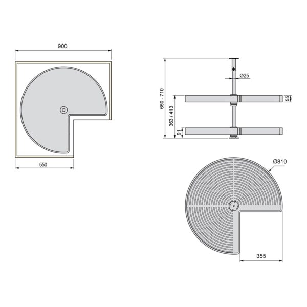 Coppia di cestelli girevole Shelvo 3/4, 900, Plastica grigia, Tecnoplastica e Alluminio.