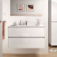 Mobile bagno sospeso Claros100 bianco laccato lucido con lavabo 2 cassetti 100x45x56h