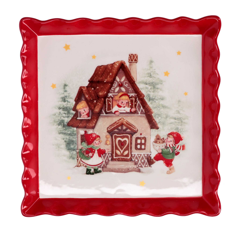 Centrotavola ceramica rosso e bianco quadro casetta cm 20,7x20,7x2,7