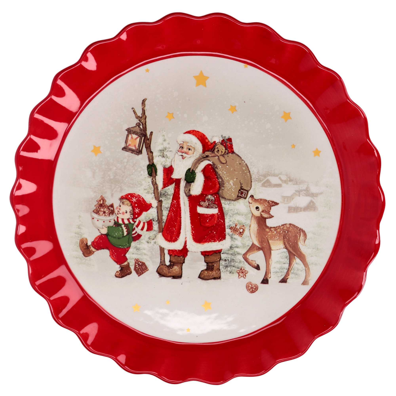 Centrotavola ceramica rosso e bianco tondo babbo Natale cm ø31h3,1